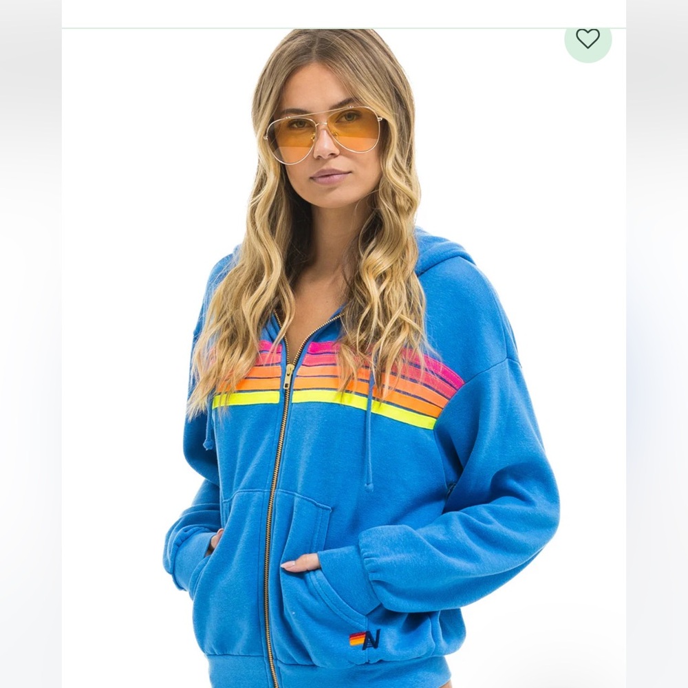 Aviator Nation Blue Hoodie with Rainbow Stripes